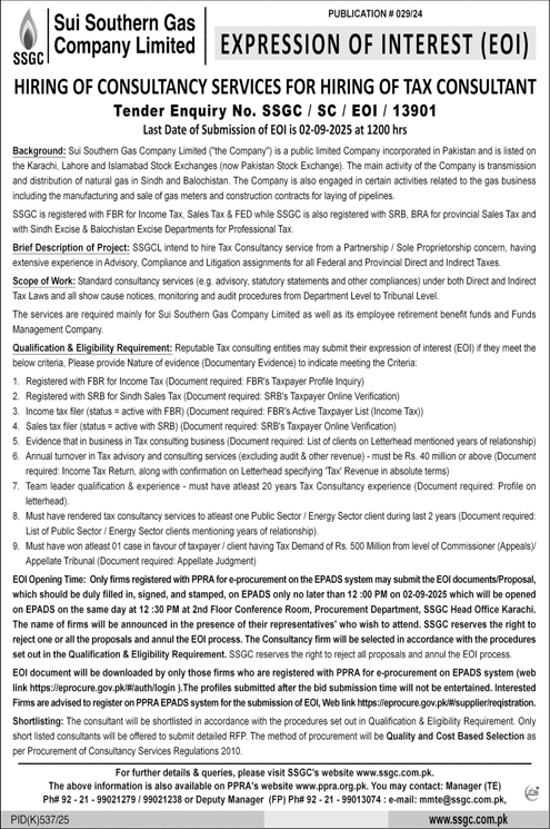 Sui Southern Gas Company Limited Karachi Tender Notice